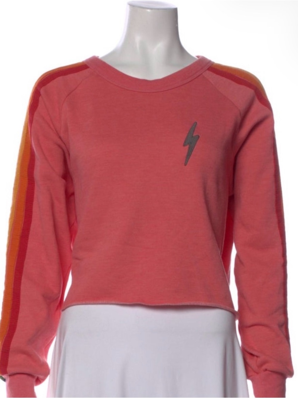 Aviator Nation Coral Crewneck with Lightning Bolt and Stripe Sleeves